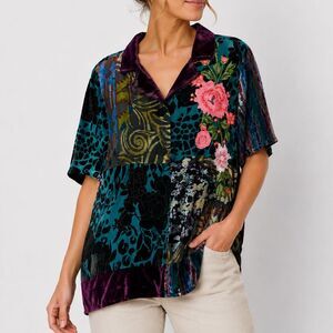 Ali Miles XL Velvet Patchwork Embroidered Floral Tunic Top Teal Purple Artsy